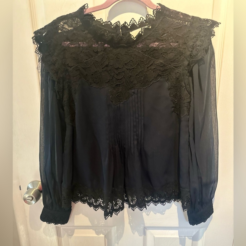 Anthro Love Sam Floral Black Lace Top & Pleated Blouse In Navy Crocheted S Small
